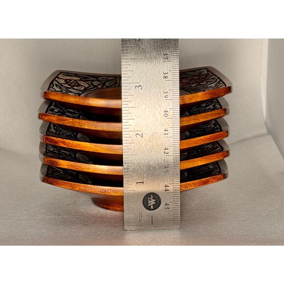 [Like New] Japanese Hand-Carved Wooden Saucers, Floral Motifs, Signed, Set of 5 - Picture 13 of 13